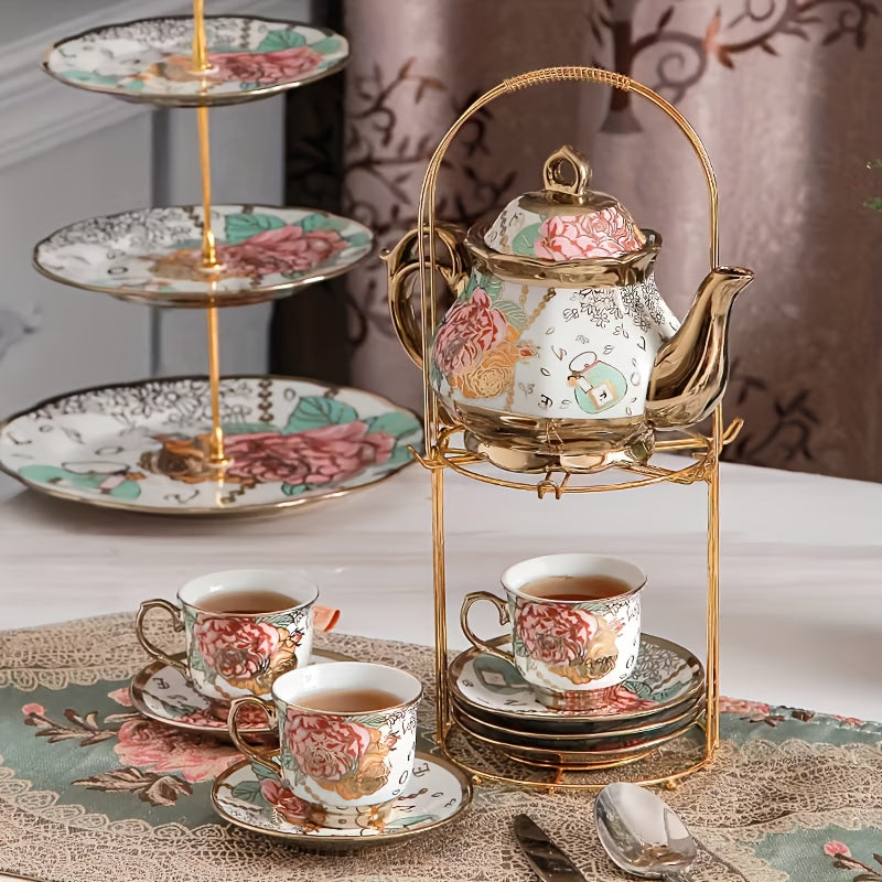 20 Piece Ceramic Tea Set Floral Design – European Afternoon Tea Service with Teapot, Cups, Saucers & Metal Stand – Blooming Style, Gift for Tea Lovers
