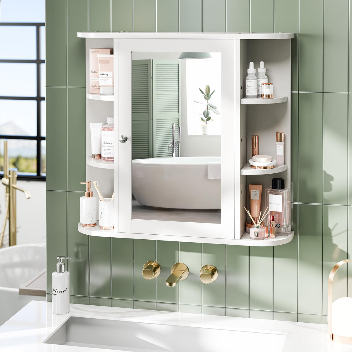 Bathroom Medicine Cabinet Wall Mounted with Mirror & 6 Open Side Shelves – White Wall Cabinet for Bathroom Storage & Organization
