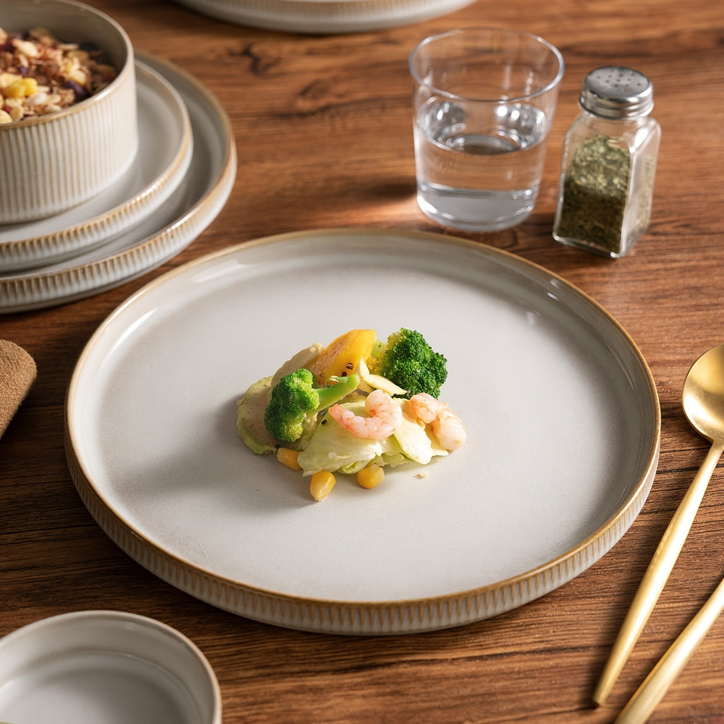 12-Piece Stoneware Dinnerware Set for 4 – Reactive Glaze Plates & Bowls, Lead-Free, Microwave & Dishwasher Safe, Raised Stripe Edge Design (Cappuccino White or Vanilla White)