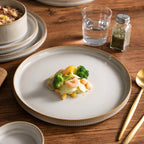 12-Piece Stoneware Dinnerware Set for 4 – Reactive Glaze Plates & Bowls, Lead-Free, Microwave & Dishwasher Safe, Raised Stripe Edge Design (Cappuccino White or Vanilla White)