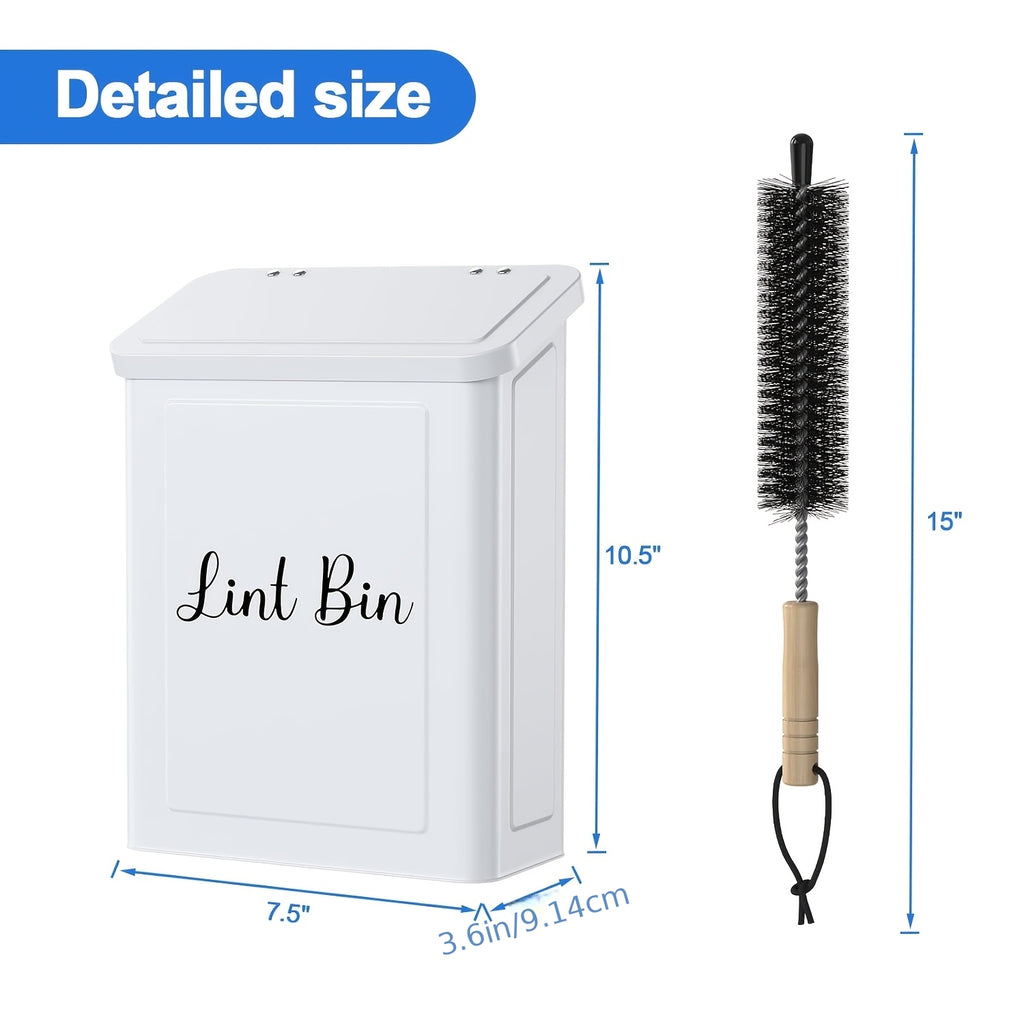 Magnetic Lint Bin for Laundry Room – Wall Mount Metal Dryer Lint Holder Trash Can with Lid, Laundry Organization, White