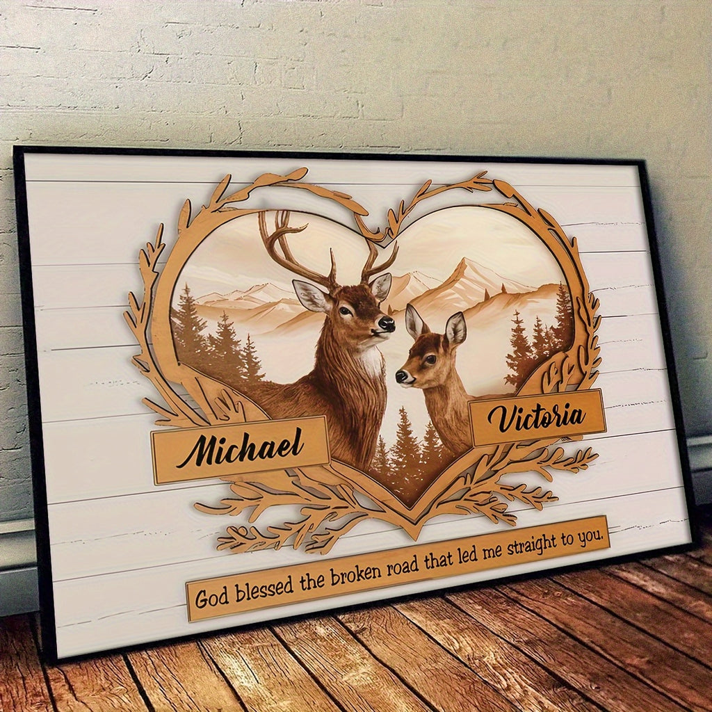 Personalized Couples Canvas Wall Art - Custom Deer & Mountains 2D Flat Print with Two Names, Romantic Gift for Couples, Anniversary Wedding Bedroom Decor