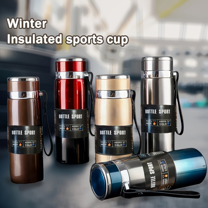 316 Stainless Steel Insulated Water Bottle 800ml/27oz with Carrying Sling - Keeps Cold 24 Hrs & Hot 10 Hrs, Portable Travel Bottle for Camping Hiking Driving, Gradient Blue Red Steel