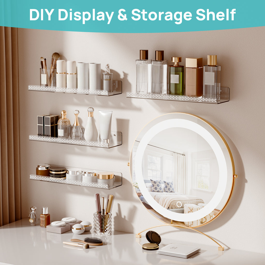 Clear Acrylic Floating Shelves Set of 4 with Hooks – Wall Mounted Display Shelf Organizer for Bathroom, Bedroom, Living Room & Kitchen | Transparent Storage Shelf for Room Decor