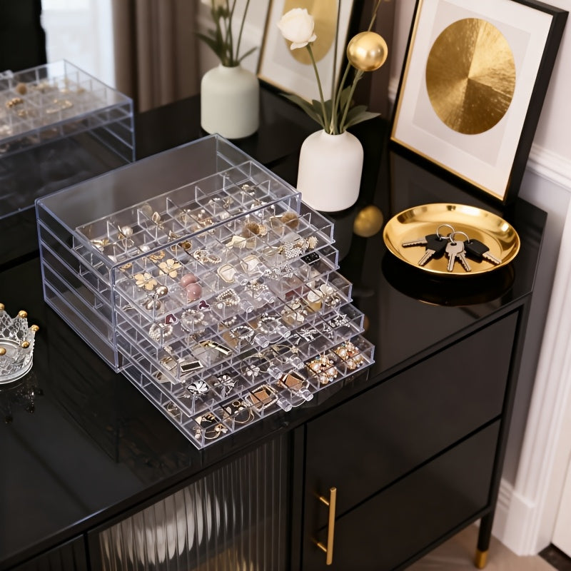 Acrylic Jewelry Storage Box 72/120 Slots Layered Organizer – Large Capacity Display Case for Earrings, Necklaces, Bracelets, Rings & Watches – Clear Stackable Jewelry Organizer Box for Women