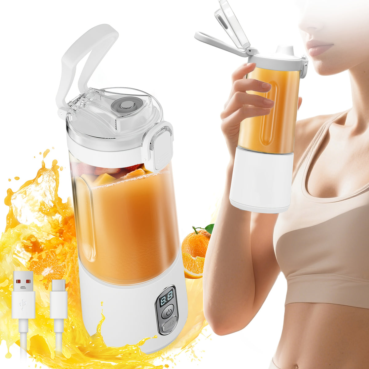 Portable Blender USB-C Rechargeable 6-Blade Stainless Steel – Ice Crush Smoothie Maker with Digital Timer, Battery Display & No-Spill Lid for Gym, Travel & Protein Shakes, Pink or White