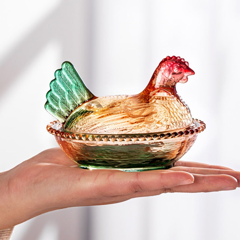 Chicken-Shaped Glass Storage Jar with Lid - Decorative Pearl Hen Glass Candy Jar for Desktop Snack Storage and Home Decor - Unique Kitchen Accent and Housewarming Gift