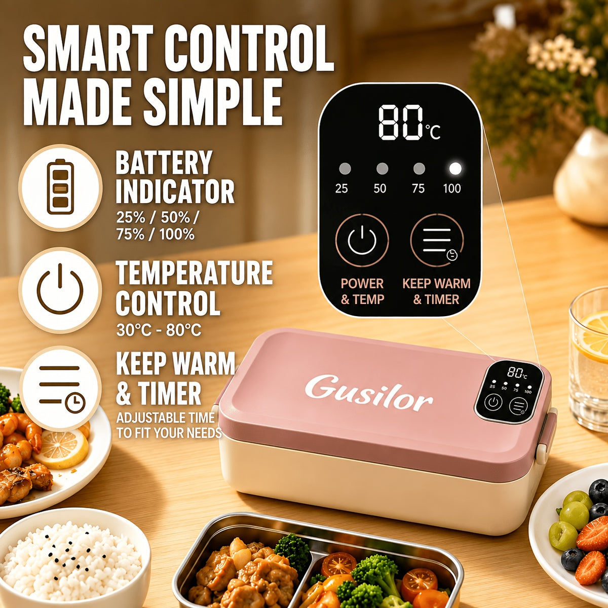 Heated Lunch Box Rechargeable with Timer - Self-Warming Portable Bento Box 80°C Keep Warm for Women & Men, Insulated Meal Prep Container with Lid, Electric Lunch Box for Work & Office