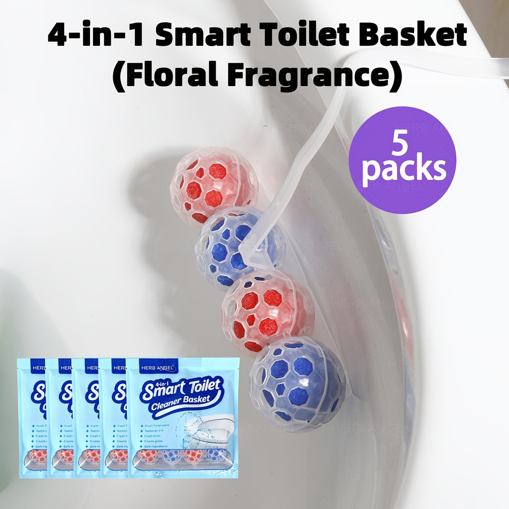 4-in-1 Toilet Cleaner Hanging Basket 5 Pack 65g – 200+ Flushes, Deodorizes & Removes Yellow Stains, Non-Corrosive Tablets for Smart, Hanging & No-Tank Toilets, 4 Fresh Scents: Ocean, Lemon, Lavender, Floral