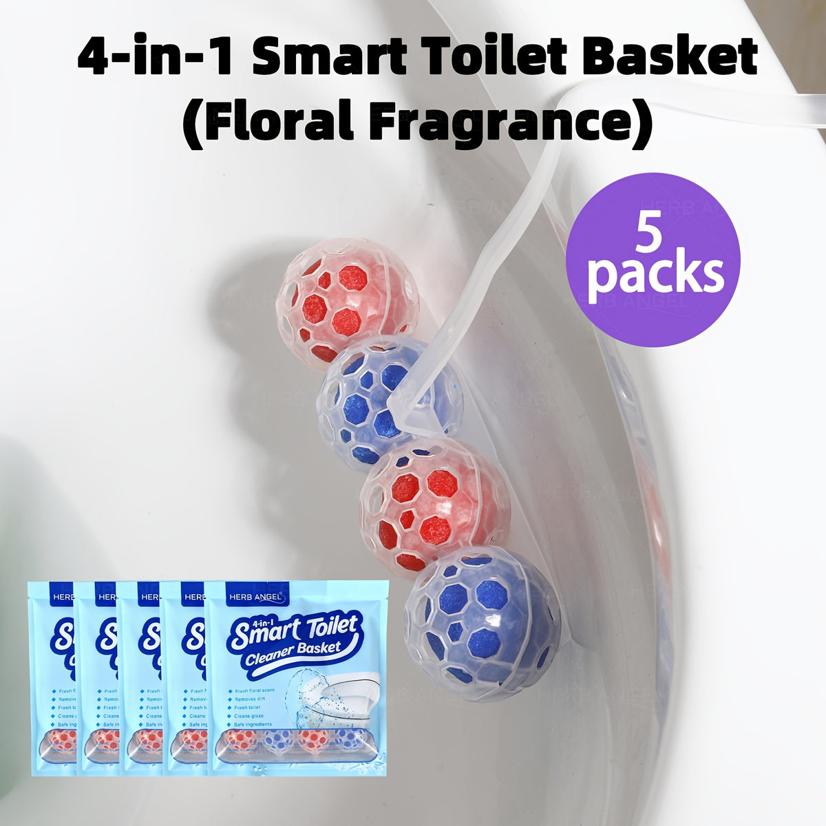 4-in-1 Toilet Cleaner Hanging Basket 5 Pack 65g – 200+ Flushes, Deodorizes & Removes Yellow Stains, Non-Corrosive Tablets for Smart, Hanging & No-Tank Toilets, 4 Fresh Scents: Ocean, Lemon, Lavender, Floral