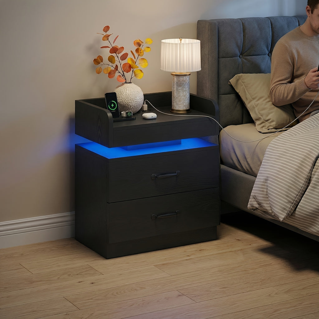 Nightstand with Charging Station LED Lights and 2 Drawers Bedside Table for Bedroom Living Room White Black Grey 1pc or 2pcs Set