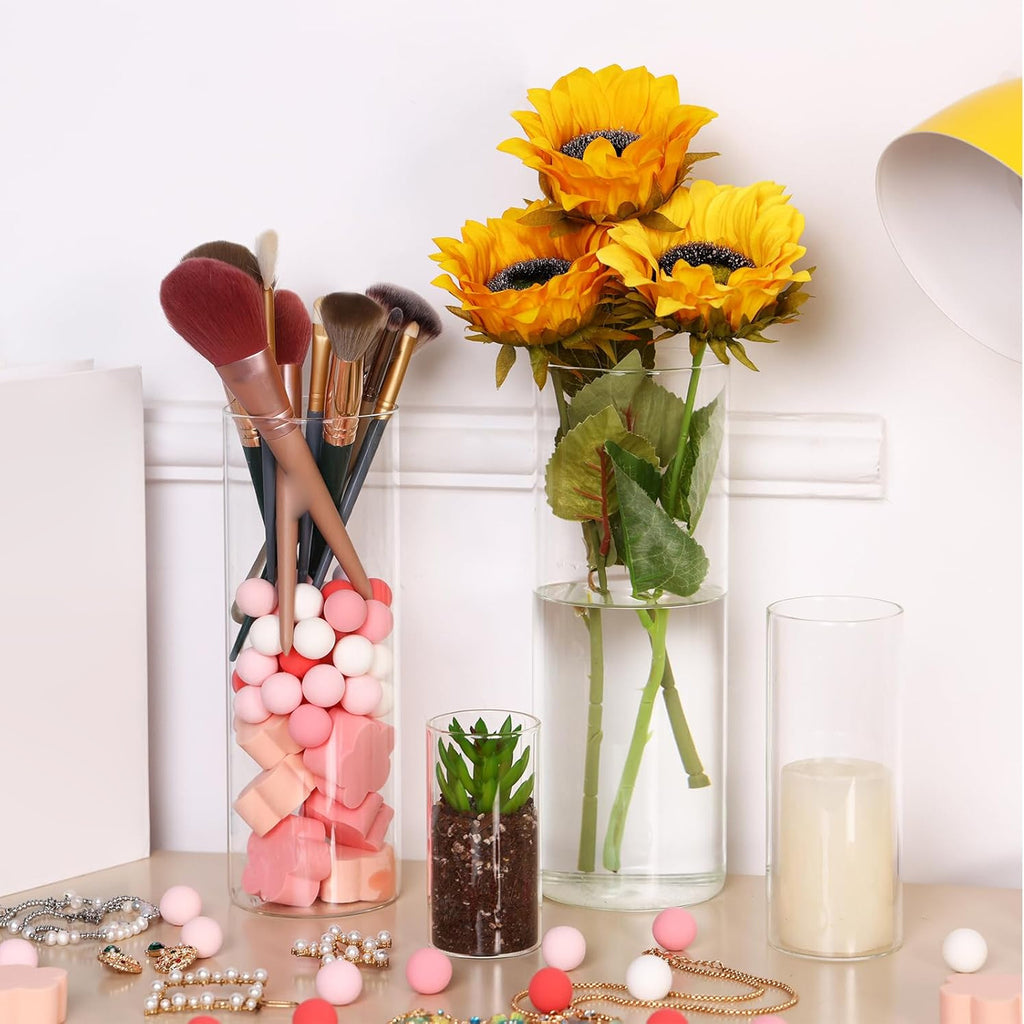 WHONLINE 16pcs Clear Glass Cylinder Vases 4 Sizes (4"/6"/8"/10") – Tall Transparent Vase Set for Wedding Centerpieces, Party Tables, Hurricane Floating Candle Holders, Home & Office Decor