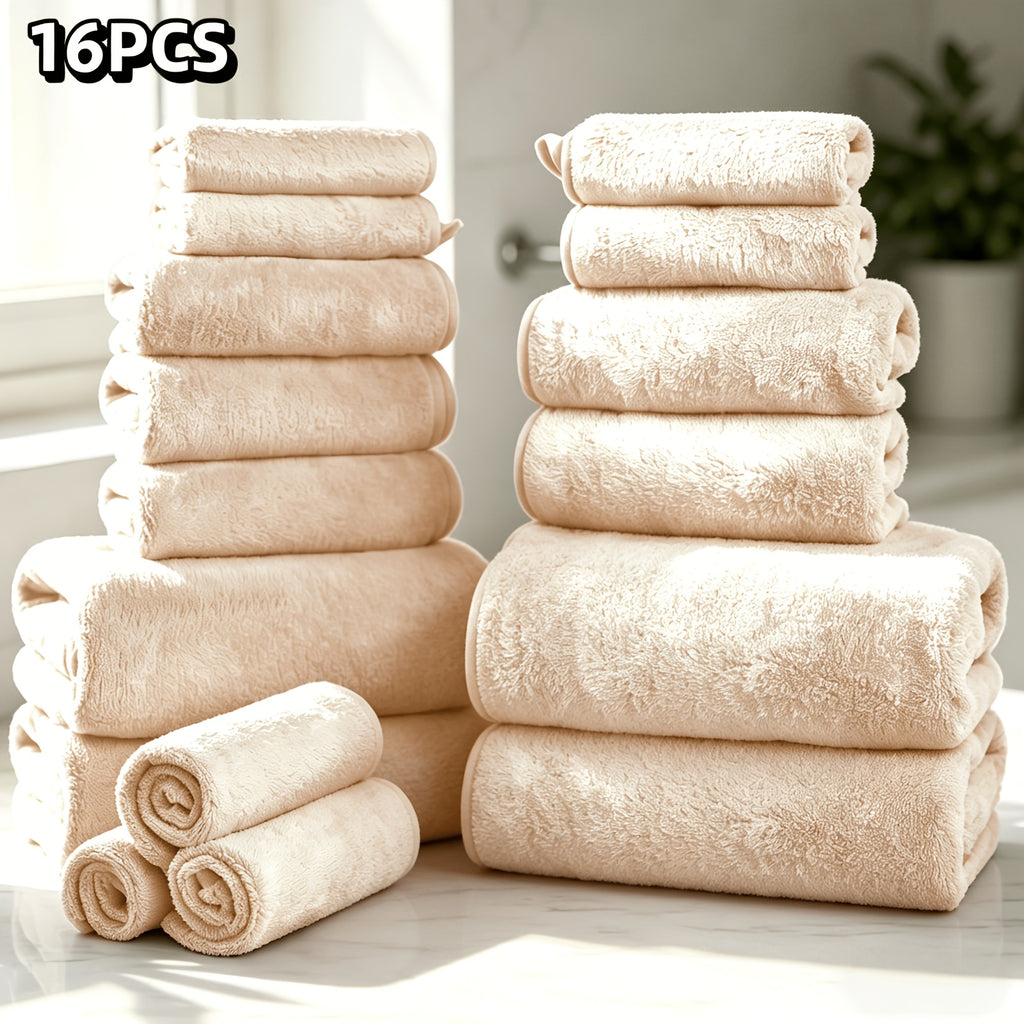 16-Piece Ultra-Soft Coral Fleece Bath Towel Set – 4 Bath Towels, 6 Hand Towels & 6 Washcloths | Quick-Dry, Highly Absorbent | Home, Hotel & Spa