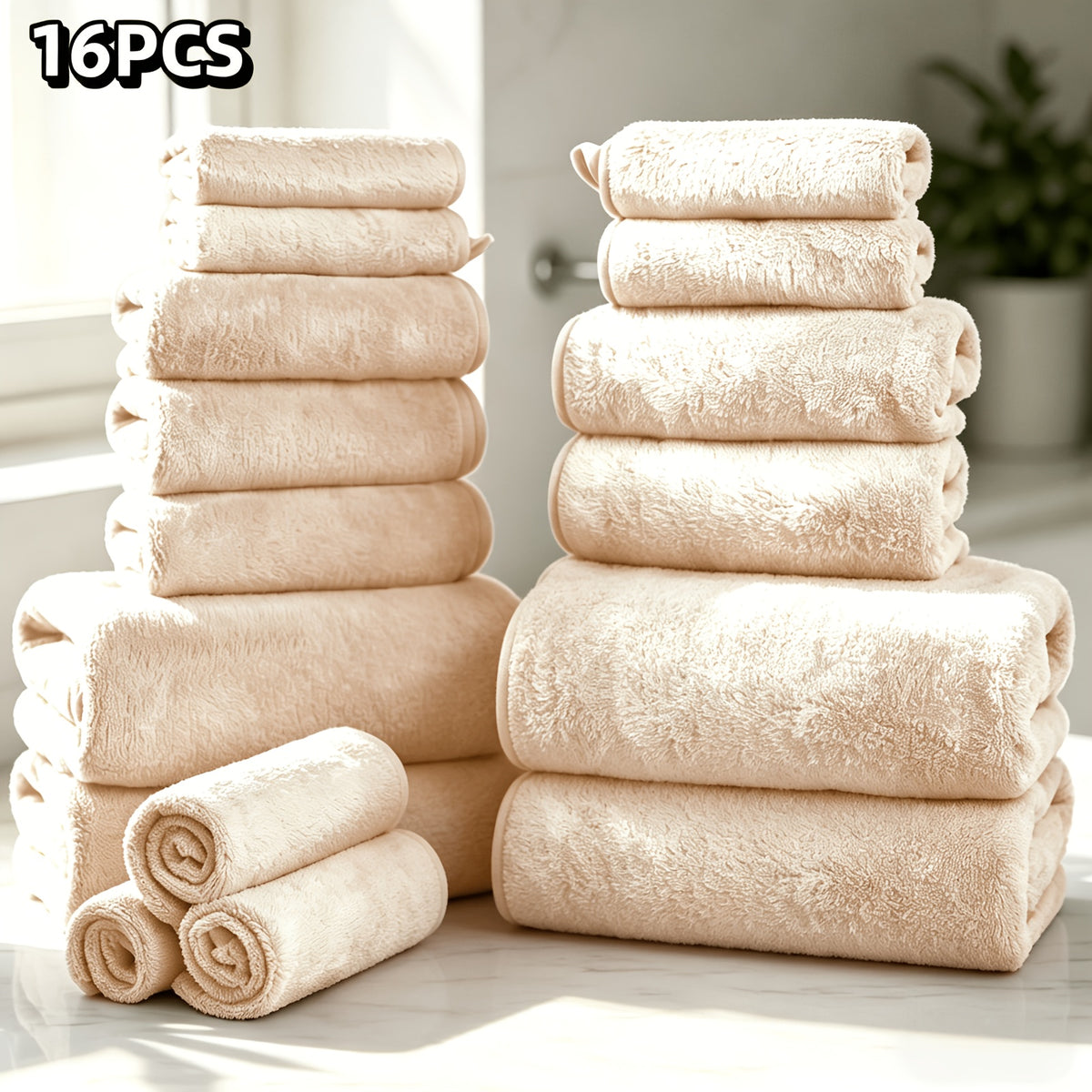 16-Piece Ultra-Soft Coral Fleece Bath Towel Set – 4 Bath Towels, 6 Hand Towels & 6 Washcloths | Quick-Dry, Highly Absorbent | Home, Hotel & Spa