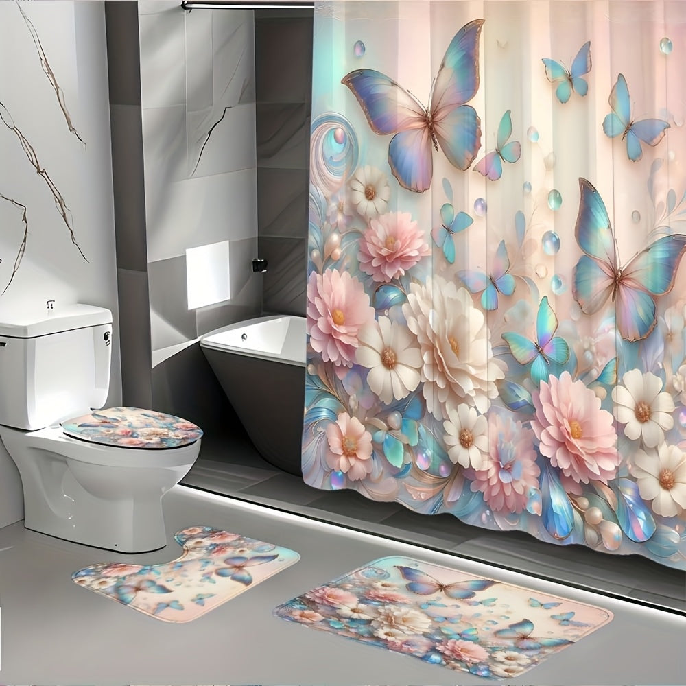 4pcs Flower Butterfly Shower Curtain Set 71x71 Inch with 12 Hooks Anti-Slip Bath Mat Toilet U-Shape Pad & Lid Cover - Complete Bathroom Set | Nuvia Haven