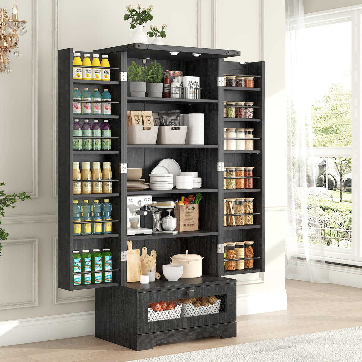 55 Inch Pantry Cabinet Kitchen Storage Cabinet with Adjustable Shelves and Drawer Wooden Buffet Cupboard for Kitchen Living Room Bathroom Dining Room Black White Brown