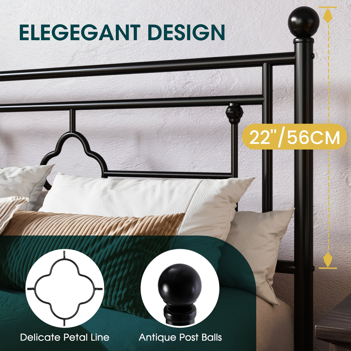 Metal Platform Bed Frame with Vintage Iron Art Headboard Footboard No Box Spring Needed Under Bed Storage Twin Full Queen King Black White Pink Gold
