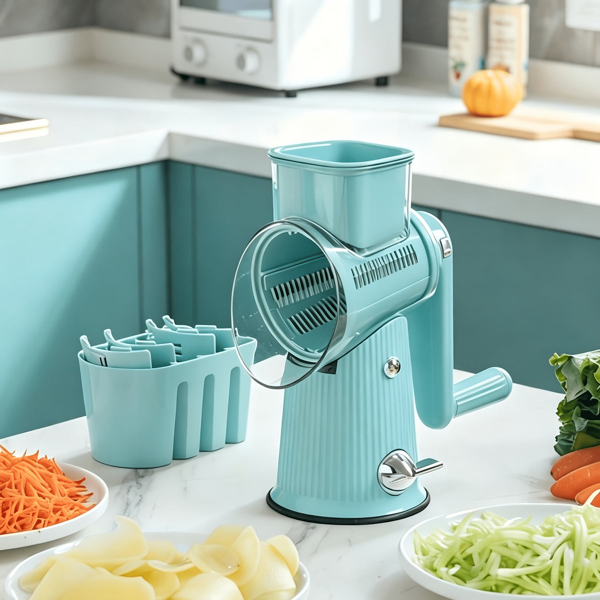 5-in-1 Rotary Cheese Grater with Interchangeable Blades, Suction Cup Base & Handle – Manual Vegetable Slicer Shredder for Cheese, Fruits, Nuts & Vegetables – Easy Clean Kitchen Tool Set