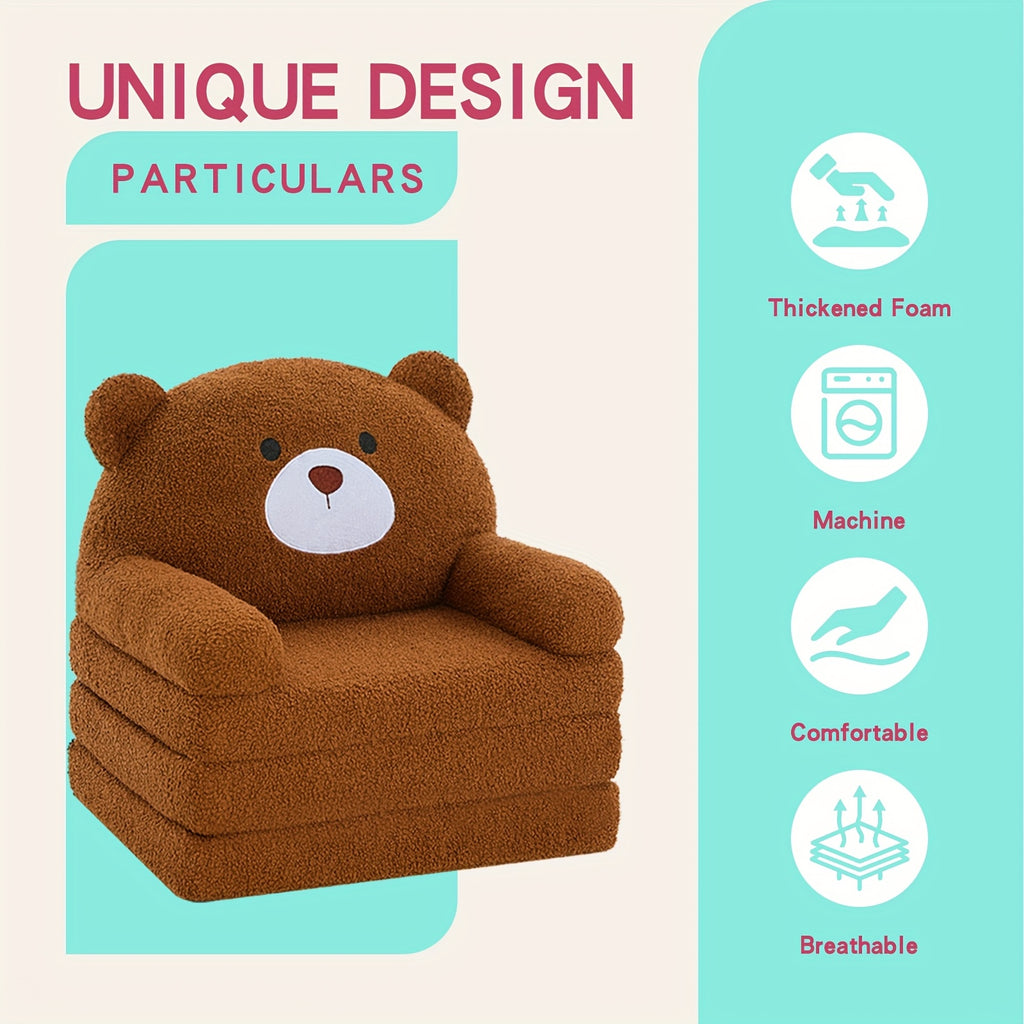 Animal Kids Foldable Sofa 2-in-1 Fold-Out Couch – Soft Polar Fleece High-Density Foam Lounger Chair for Playroom, Boys & Girls Room Decor, Cute Teddy Bear, Panda, Kitten & Milk Cow Styles