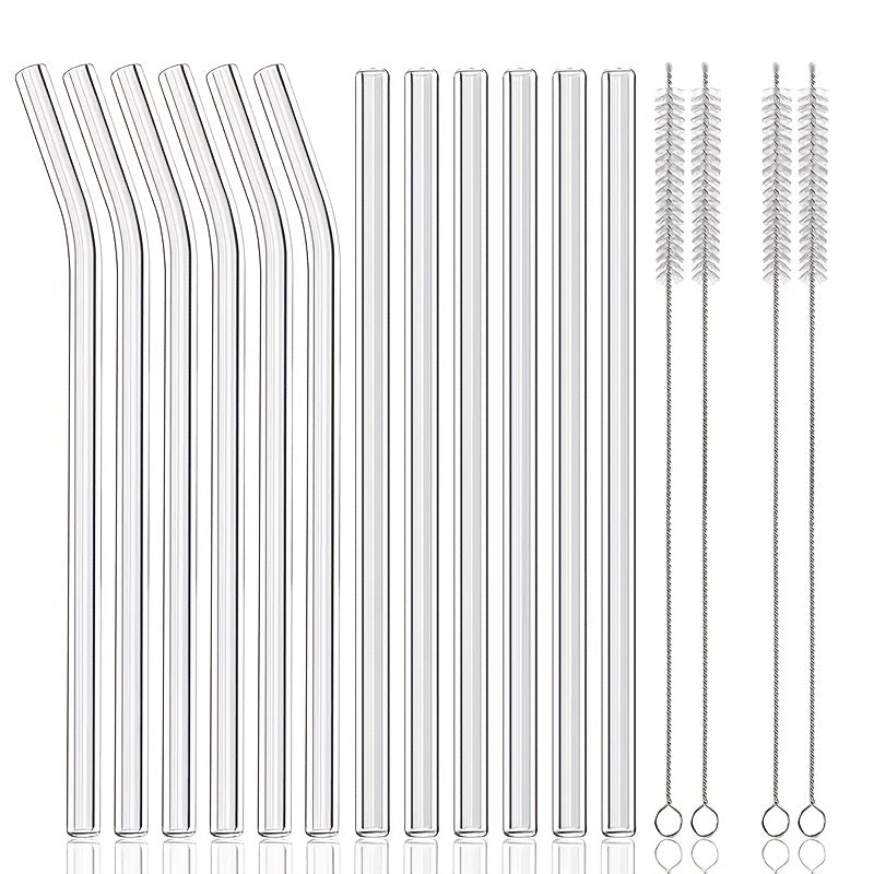 Reusable Glass Straws Set 12pcs with 4 Cleaning Brushes BPA Free Borosilicate Heat Resistant Drinking Straws for Smoothies Coffee Tea Milkshakes - Straight & Bent Glass Straws 8.5 Inch 10mm