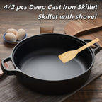 Deep Cast Iron Skillet 8.66 Inch with 2 Handles and Wooden Shovel Flat Bottom Frying Pan Oven Stovetop Grill Campfire Safe for Steak Bread Pizza Camping