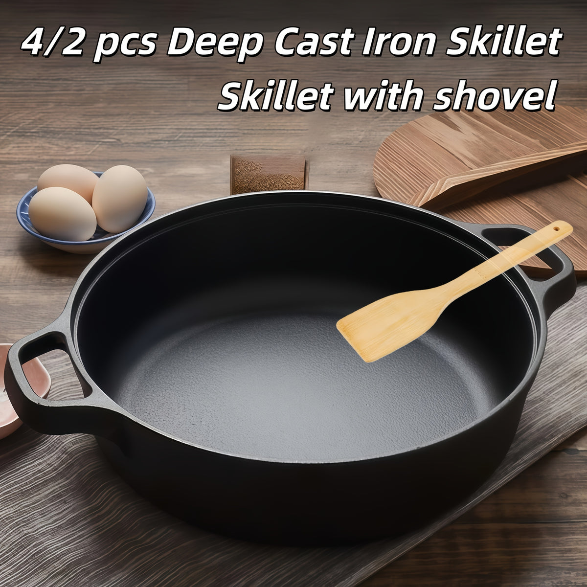 Deep Cast Iron Skillet 8.66 Inch with 2 Handles and Wooden Shovel Flat Bottom Frying Pan Oven Stovetop Grill Campfire Safe for Steak Bread Pizza Camping