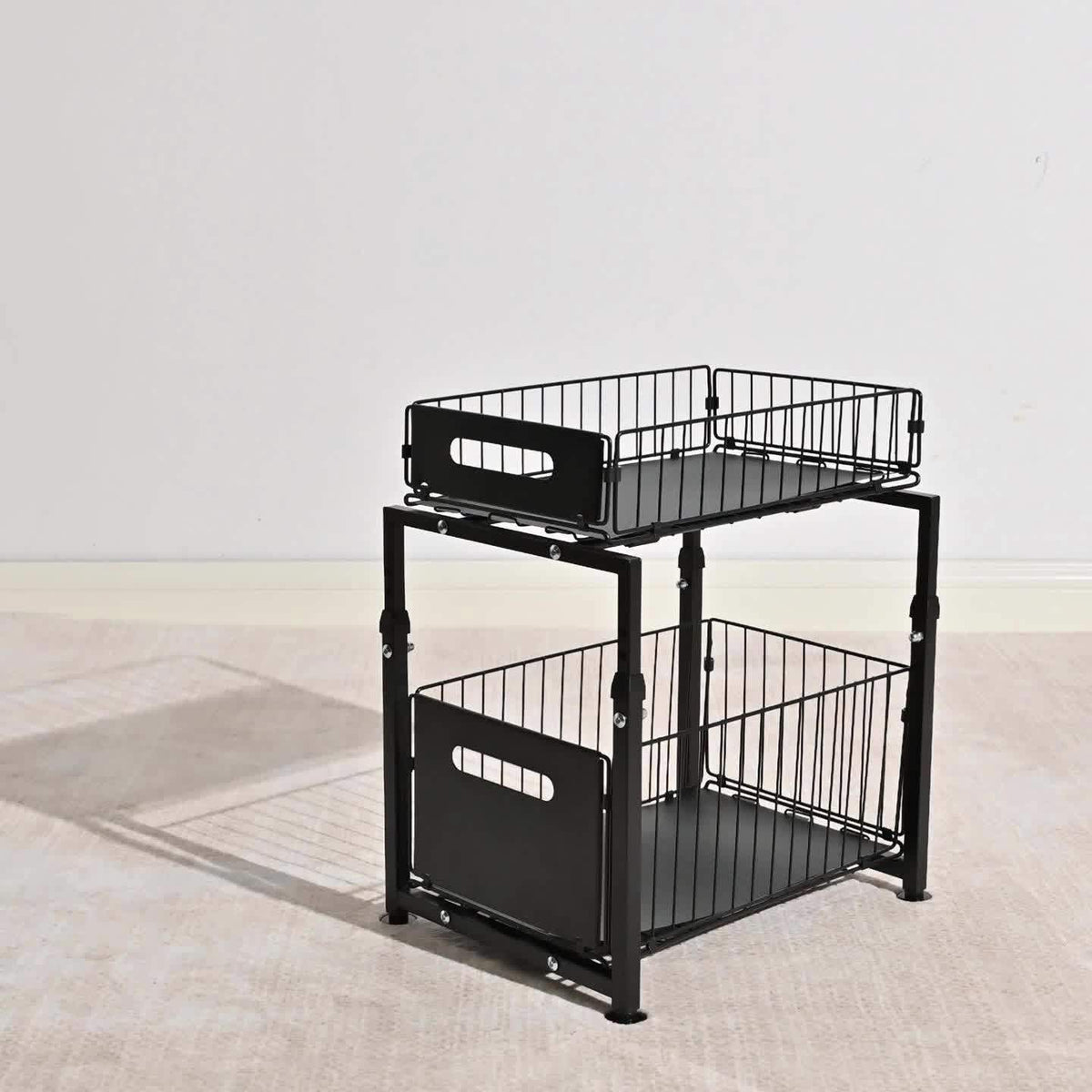 2-Tier Pull Out Cabinet Drawer Organizer No Drill - Slide Out Kitchen Pantry Shelf, Space-Saving Roll Out Storage for Spices Canned Goods Kitchenware, Black White