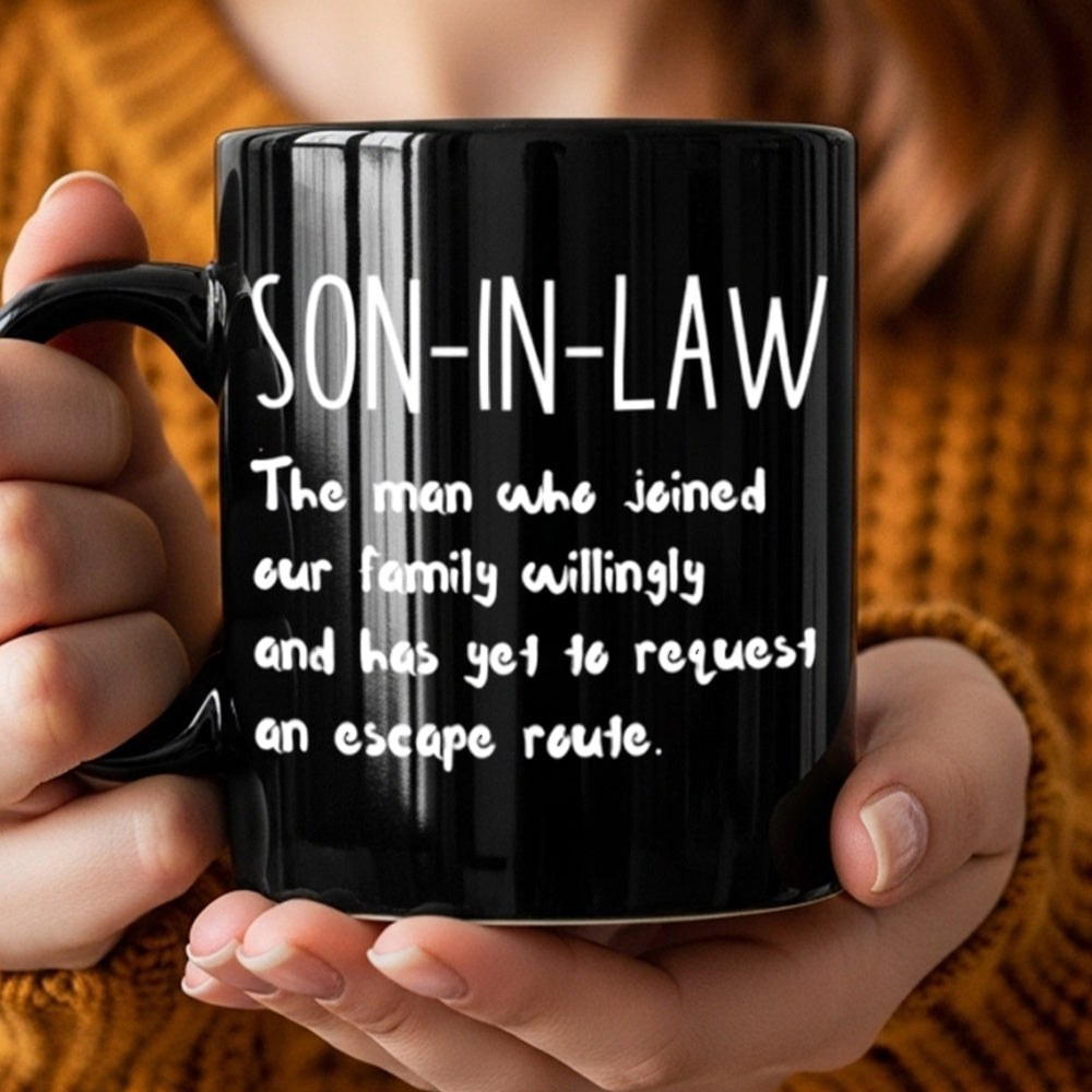 Son in Law Coffee Mug Gift 11oz - Heartwarming Quote Mug for Son in Law from Parents, Birthday Christmas Family Gift, Black Ceramic Tea Cup Daily Use Drinkware