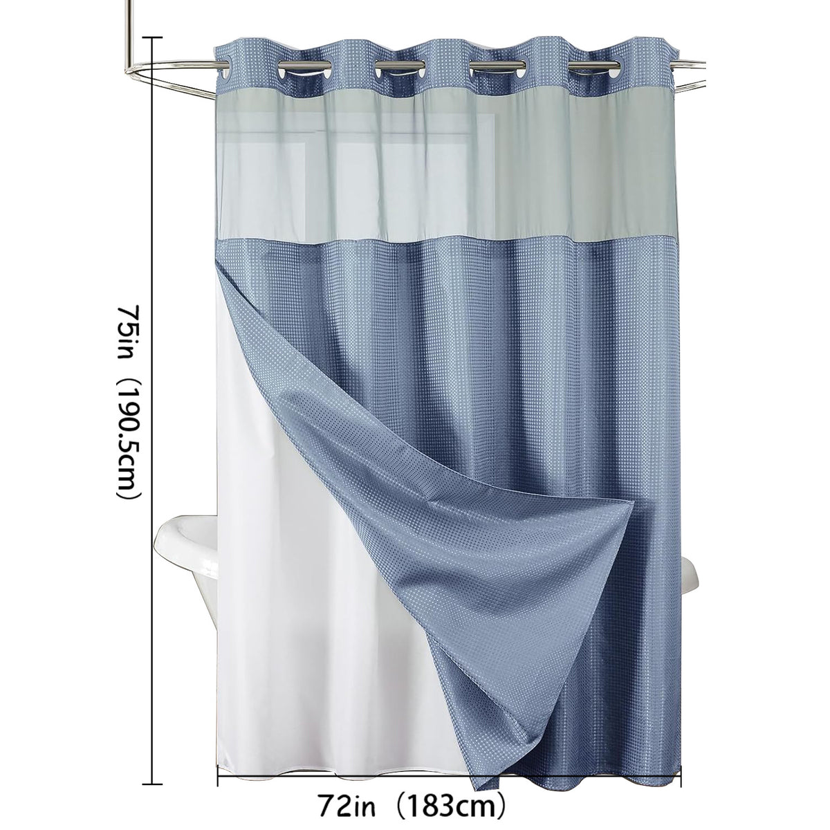 Hookless Waffle Shower Curtain Liner Set with Snap-In Liner Double Layer Window Panel – 6ft x 74.8 Inch Easy-Clean Polyester Bathroom Curtain for Home & Hotel