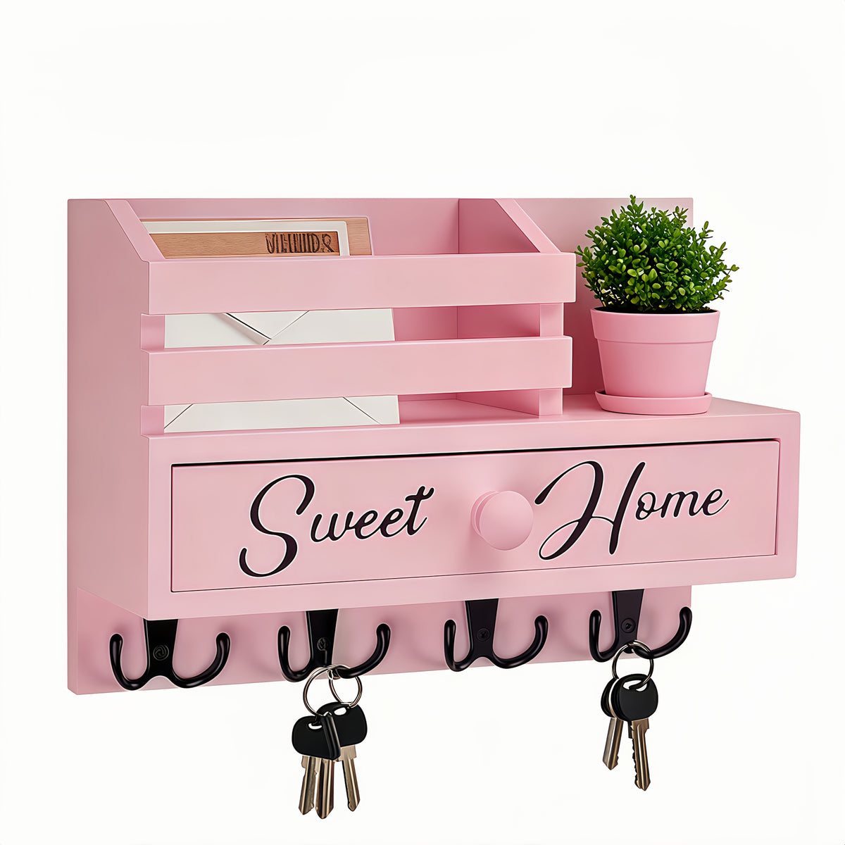 8-Hook Wall-Mounted Key & Mail Holder with Storage Drawer – Rustic Wood Entryway Organizer for Kitchen, Mudroom & Office, Adhesive Paintable Hooks, Space-Saving Easy Install