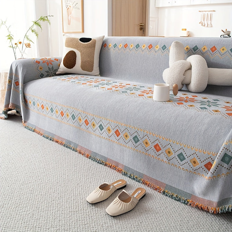 Chenille Boho Sofa Cover with Embroidered Detail – Machine Washable Slipcover for 1 2 3 4 Seater Sectional Couches, Extra Large Sizes, No Padding, 4 Colors