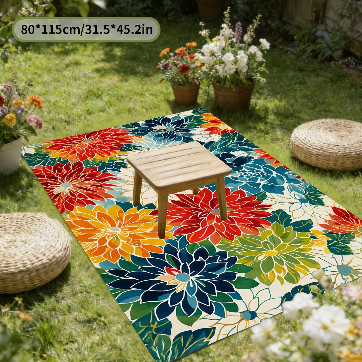 Floral Patterned Outdoor & Indoor Rectangular Rug - Non-Slip Machine Washable Soft Area Rug for Living Room Bedroom Garden Camping Picnic, Home Decor