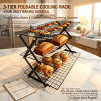 Foldable Cooling Rack 3-Layer Metal Wire Baking & Grilling Rack – Stackable Cake Cooling Tray for Baking, Roasting, Outdoor Picnic & Camping Grill