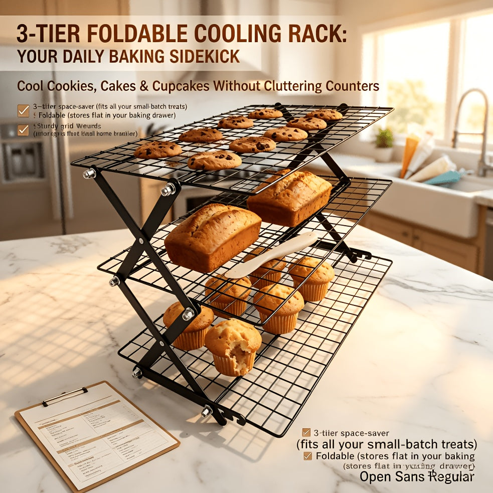 Foldable Cooling Rack 3-Layer Metal Wire Baking & Grilling Rack – Stackable Cake Cooling Tray for Baking, Roasting, Outdoor Picnic & Camping Grill