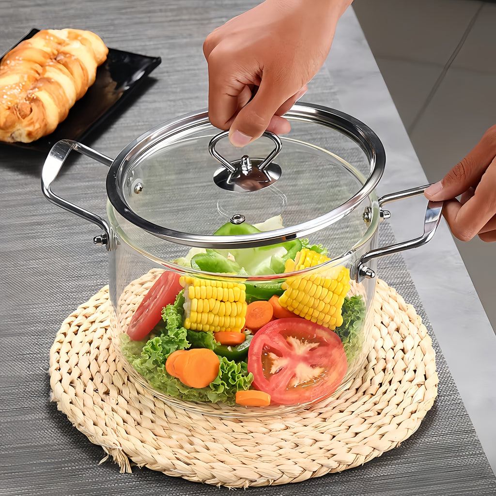Stainless Steel Handle Glass Pot with Lid – Non-Stick Heat-Resistant Soup Stew Pot, Induction & Electric Ceramic Stove Compatible, 3.5L or 5.5L, Includes Insulation Pad & Scouring Pad