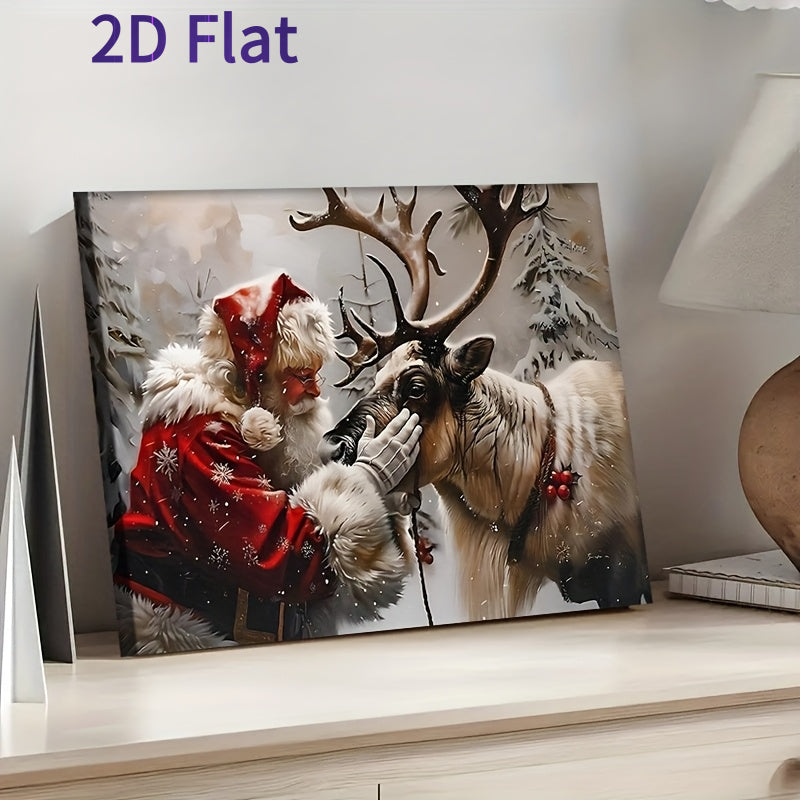 Santa Claus Petting Reindeer Framed Canvas Wall Art, Festive Pine Tree Scene 12x18in Solid Wood Frame – Bohemian Style Christmas & Holiday Home Decor for Living Room, Bedroom & Home Office