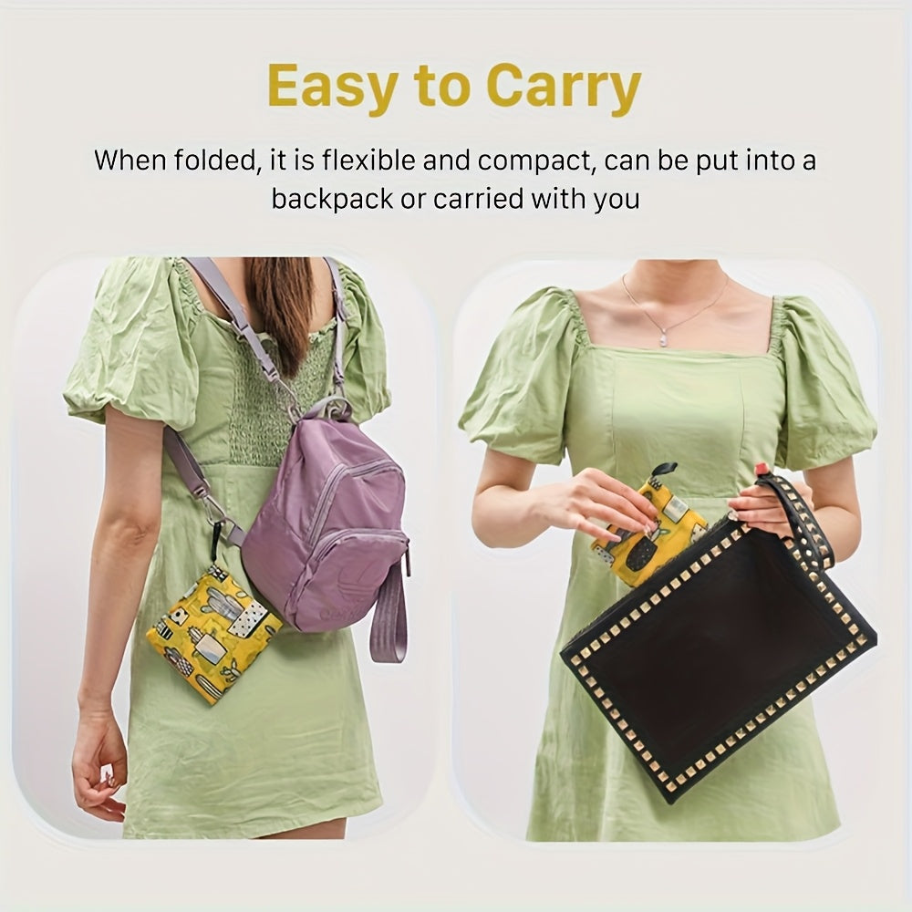 Foldable Shopping Bags 10pcs Reusable - Lightweight Waterproof Polyester Tote Bags with Storage Pockets & Cute Patterns, Eco-Friendly Grocery Bags in Random Colors