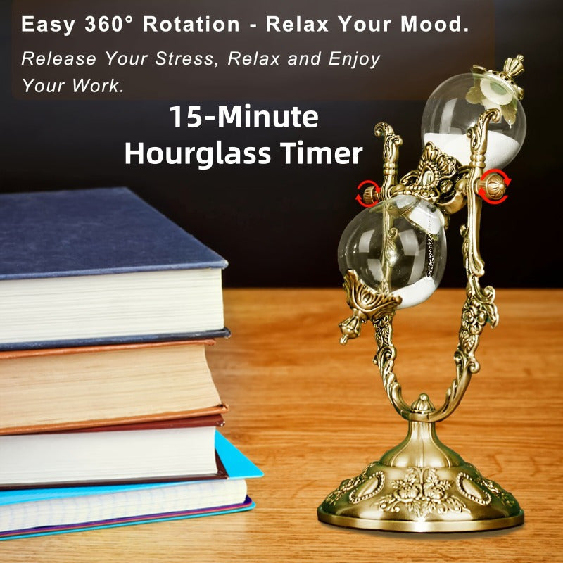 Vintage Brass Hourglass Sand Timer 15 Minute 360 Degree Rotating Engraved Metal Sand Clock for Home Office Desk Decoration Unique Gift