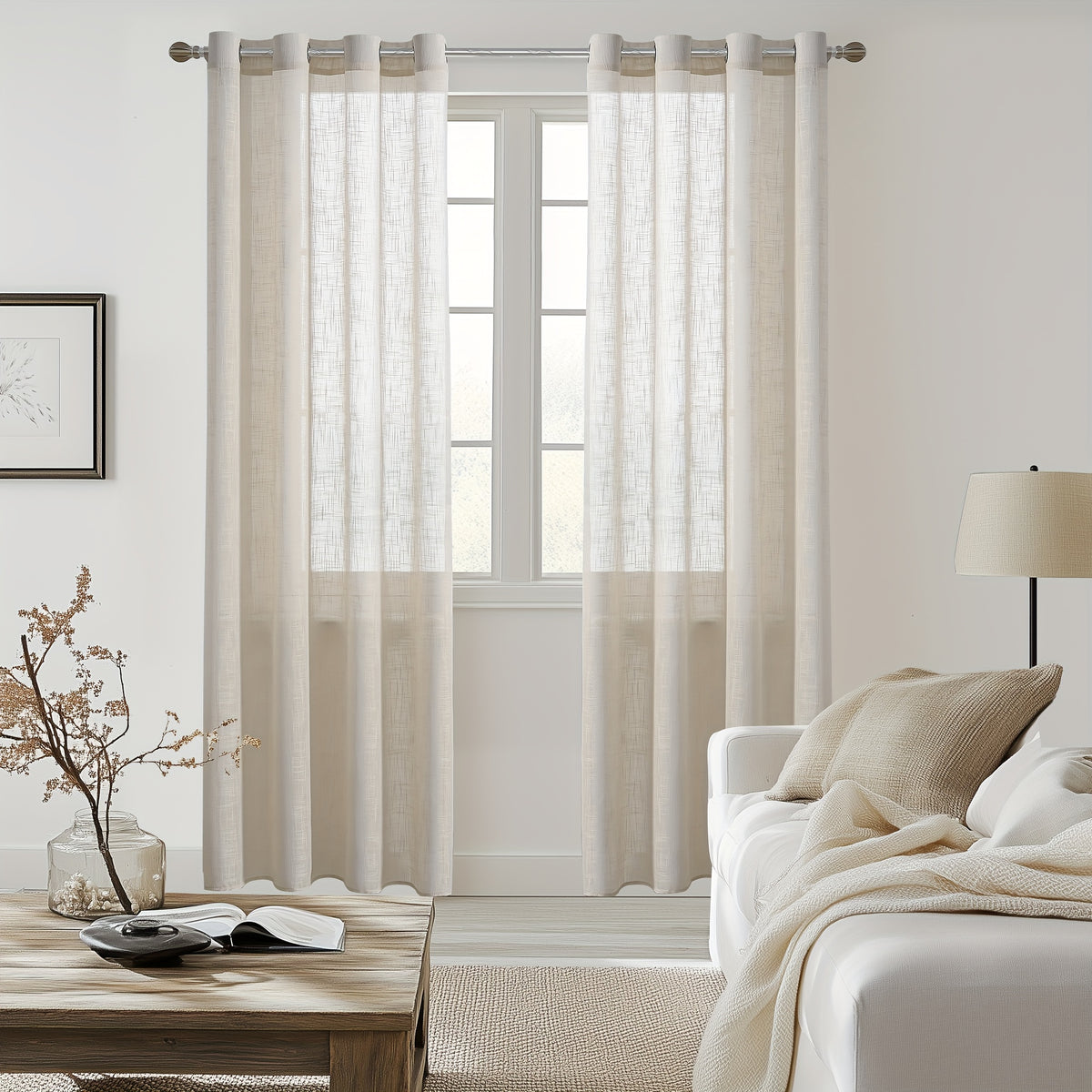 Linen Textured Semi-Sheer Grommet Curtains – Light Filtering Farmhouse Panels | Set of 2