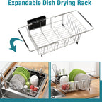 Stainless Steel Over-the-Sink Dish Drying Rack & Colander Strainer Basket with Expandable Grip – Heavy-Duty Sink-Mounted Dish Drainer for Vegetable Washing & Space-Saving Kitchen Organization