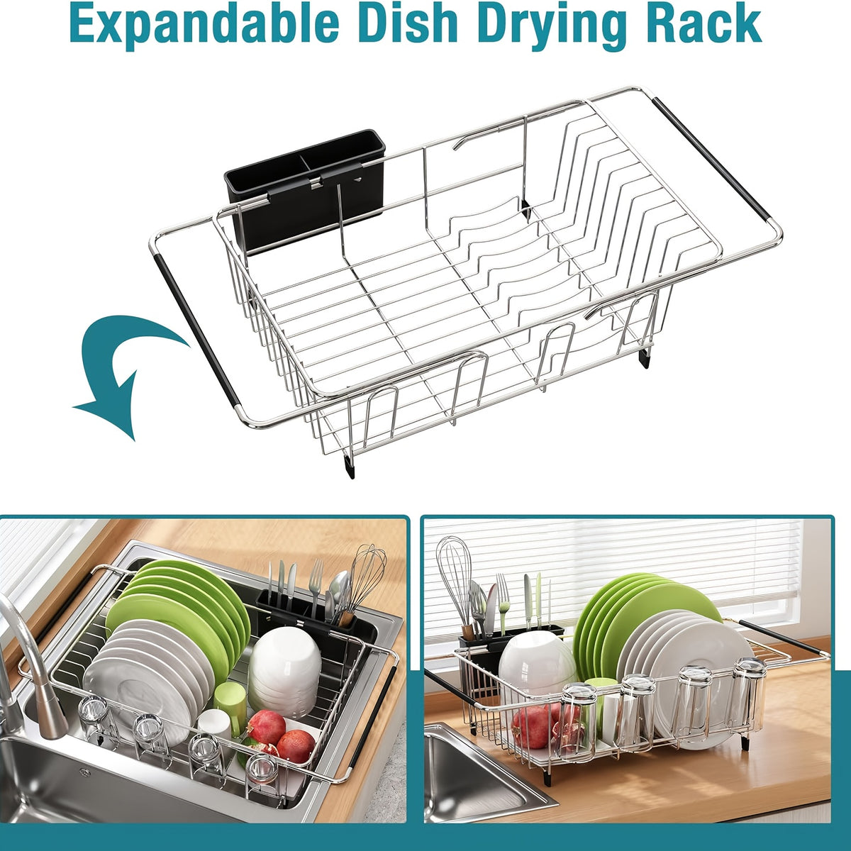 Stainless Steel Over-the-Sink Dish Drying Rack & Colander Strainer Basket with Expandable Grip – Heavy-Duty Sink-Mounted Dish Drainer for Vegetable Washing & Space-Saving Kitchen Organization