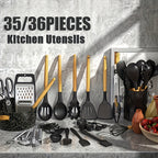 35/36-Piece Silicone Kitchen Utensils Set with Rack & Wooden Handles – Heat Resistant Cooking Tools for Non-Stick Pans | Complete Kitchen Utensil Set