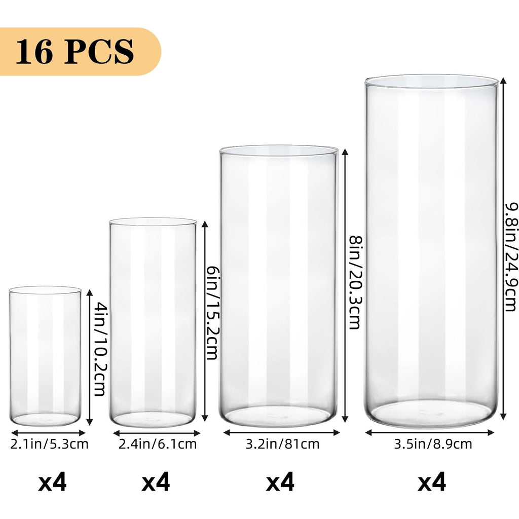 WHONLINE 16pcs Clear Glass Cylinder Vases 4 Sizes (4"/6"/8"/10") – Tall Transparent Vase Set for Wedding Centerpieces, Party Tables, Hurricane Floating Candle Holders, Home & Office Decor