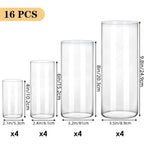 WHONLINE 16pcs Clear Glass Cylinder Vases 4 Sizes (4"/6"/8"/10") – Tall Transparent Vase Set for Wedding Centerpieces, Party Tables, Hurricane Floating Candle Holders, Home & Office Decor