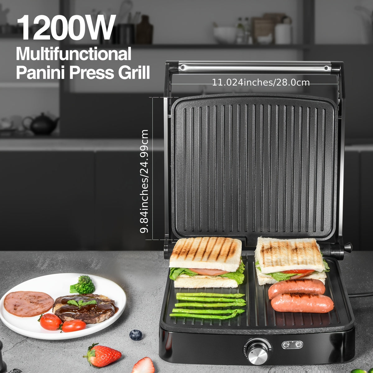1200W Panini Press & Sandwich Maker 4-Slice Non-Stick Grill, 180° Flat Open, Adjustable Temp 120–428°F, Removable Drip Tray, LED Indicator, Cool-Touch Handle