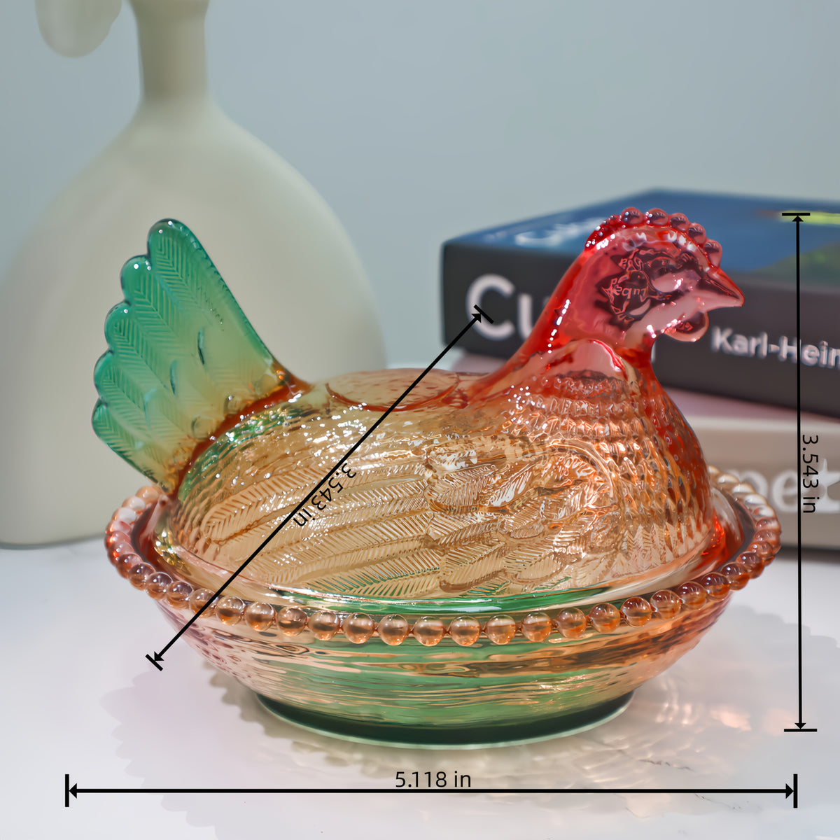 Chicken Shaped Crystal Glass Storage Jar with Lid & Placemat – Candy Colored Decorative Dish for Candy, Snacks, Jewelry & Desktop Decor
