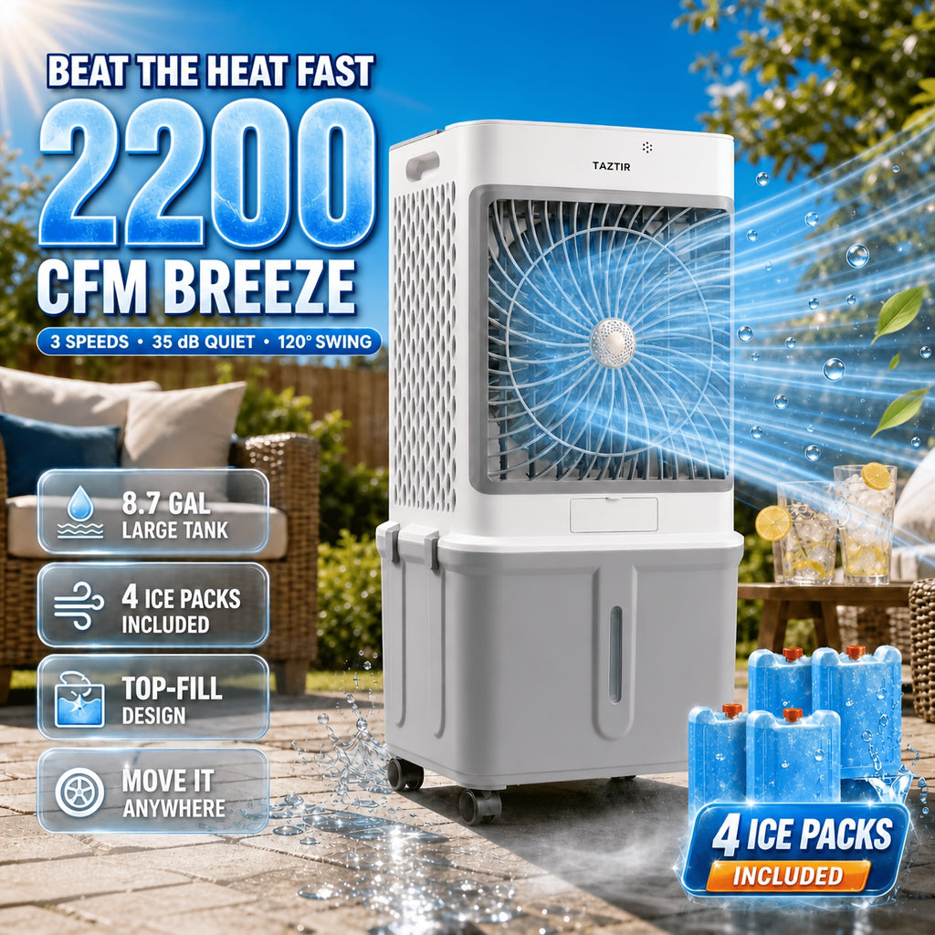 2200 CFM Portable Evaporative Air Cooler – Top-Fill Swamp Cooler with 8.7 Gal Tank, 120° Swing, 3 Speeds, 1/2/4H Timer, 35dB Quiet & 4 Ice Packs | Bedroom, Office, Patio, Kitchen