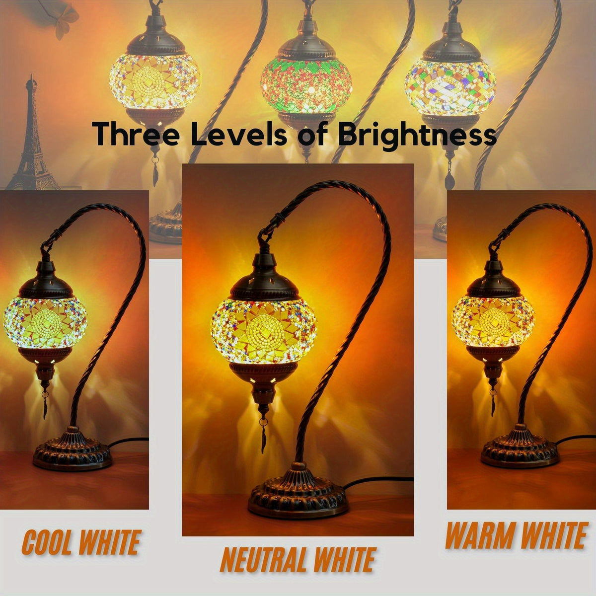 Turkish Mosaic Table Lamp Moroccan Style Handmade Swan Neck Mosaic Glass Bedside Lamp with Metal Base - 3 Color Modes Dimmable LED Bulb Included - Bedroom Living Room Decor Gift