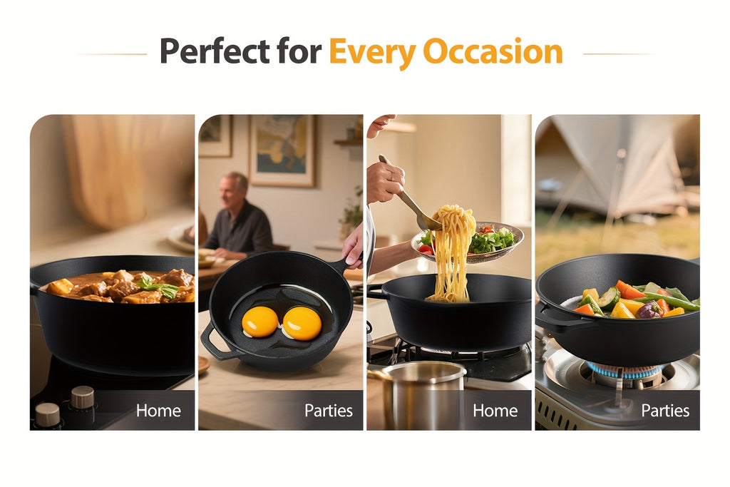 Pre-Seasoned Cast Iron Dutch Oven & Frying Pan Set – 2-in-1 Deep Pan + Skillet for Baking, BBQ, Stovetop & Induction | Indoor & Outdoor Cookware