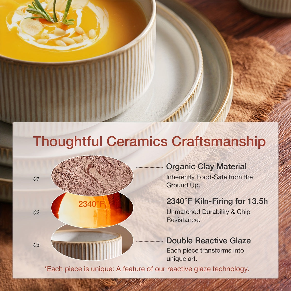 12-Piece Stoneware Dinnerware Set for 4 – Reactive Glaze Plates & Bowls, Lead-Free, Microwave & Dishwasher Safe, Raised Stripe Edge Design (Cappuccino White or Vanilla White)